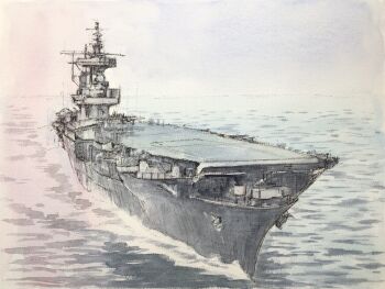 aircraft aircraft_carrier airplane anti-aircraft anti-aircraft_gun atelier_bono cloud commentary_request highres military_vehicle no_humans ocean original outdoors painting_(medium) sailing ship sky traditional_media united_states_navy uss_enterprise_(cv-6) vehicle_focus warship watercolor_(medium) watercraft
