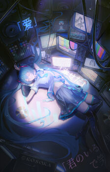 1girl absurdres aqua_hair aqua_necktie aqua_shirt aqua_skirt arms_behind_head black_boots black_skirt black_sleeves boots closed_mouth detached_sleeves foot_out_of_frame frilled_shirt frills hatsune_miku highres kosaka_kaslana light_smile long_hair multicolored_shirt multicolored_skirt navel necktie on_floor shirt skirt solo television thigh_boots twintails twitter_username two-tone_shirt two-tone_skirt very_long_hair vocaloid white_shirt