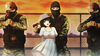 1girl 3boys :o aiming aiming_at_another aiming_at_viewer assault_rifle at_gunpoint balaclava black_hair black_vest blue_eyes blurry blurry_background breasts bulletproof_vest camouflage chain-link_fence cloud cloudy_sky collar combat_helmet digital_camouflage dress evening everyone fence frilled_collar frills game_cg gloves gun handgun hat height_difference helmet highres holding holding_weapon holster holstered hostage huke jacket leather leather_gloves load_bearing_vest long_sleeves looking_at_viewer mask medium_breasts medium_hair military military_combat_uniform military_hat military_uniform mouth_mask multiple_boys official_art open_mouth orange_sky outdoors pink_sash pleated_dress pleated_skirt restrained rifle ringed_eyes sash science_adventure shiina_mayuri short_hair skirt sky soldier spoilers standing steins;gate steins;gate_0 sundress sunset tongue vest waist_sash weapon weapon_request