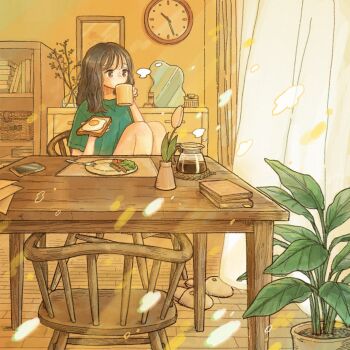 1girl analog_clock basket black_hair book bookmark bookshelf bread bread_slice breakfast brown_eyes brown_slippers cellphone chair cherry_tomato chest_of_drawers clock coffee coffee_mug coffee_pot commentary commentary_request cup curtains drinking egg_(food) english_commentary flower flower_pot food fork fried_egg fried_egg_on_toast green_shirt hands_up highres holding holding_cup holding_food indoors knees_up lettuce light_particles long_hair mirror mixed-language_commentary morning mug original phone picture_frame pink_flower placemat plant plate port_(portzzz) potted_plant procreate_(medium) sausage shirt short_sleeves sitting slice_of_life slippers smartphone solo table toast tomato tulip unworn_slippers vase wall_clock wavy_hair wispy_bangs wooden_chair wooden_floor wooden_table