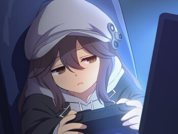 1girl black_jacket blazer brown_eyes brown_hair commentary controller curakuru curakuru_(character) fidget_spinner game_controller grey_hat grey_hoodie hat highres holding holding_controller holding_game_controller hood hoodie jacket jitome long_hair monitor newsboy_cap open_clothes open_jacket original playing_games sidelocks solo upper_body