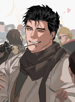 1boy batman_(series) black_gloves black_hair black_scarf blue_eyes bruce_wayne chamsut0905 coat commentary_request dc_comics gloves grin heart highres holding holding_removed_eyewear korean_commentary lapels male_focus one_eye_closed people scarf short_hair smile solo sunglasses teeth unworn_eyewear white_coat