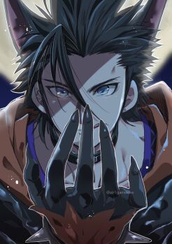 1boy animal_ears aozora_airu black_choker black_gloves black_hair black_jacket blue_eyes blurry blurry_background choker claws closed_mouth commentary_request earrings final_fantasy final_fantasy_vii final_fantasy_vii:_ever_crisis full_moon gloves hair_between_eyes highres hood hood_down hoodie jacket jewelry looking_at_viewer male_focus moon official_alternate_costume open_hand orange_hoodie outdoors short_hair smile solo spiked_hair straight-on stud_earrings tongue tongue_out twitter_username upper_body wolf_ears zack_fair zack_fair_(black_hound)