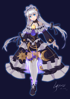 Rule 34 | 1girl, absurdres, bad id, bad pixiv id, black background, black bow, black dress, black sleeves, blue outline, bow, closed mouth, detached sleeves, dress, earrings, frilled dress, frills, full body, glowing, hair bow, highres, honkai (series), honkai impact 3rd, jewelry, long hair, looking at viewer, outline, sdzy97510, signature, single earring, solo, theresa apocalypse, theresa apocalypse (celestial hymn), theresa apocalypse (empyrean psalms), thighhighs, twintails, very long hair, white hair, white thighhighs