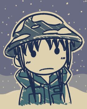 Rule 34 | 1girl, bommitball, brodie helmet, chito (shoujo shuumatsu ryokou), closed mouth, coat, combat helmet, expressionless, frown, green coat, helmet, highres, hood, hood down, hooded coat, long hair, low twintails, outline, pocket, shoujo shuumatsu ryokou, sidelocks, snow, snow on headwear, snowing, solid circle eyes, solo, twintails, upper body, white outline