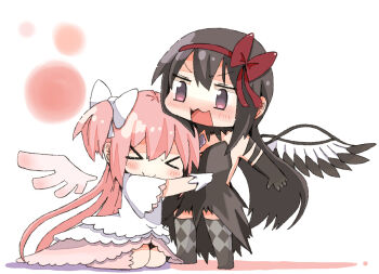 >_< 2girls :3 akemi_homura akuma_homura black_dress black_gloves black_hair black_thighhighs blush chibi chibi_only chuu-son commentary_request dress gloves hairband highres hug kaname_madoka kneeling long_hair mahou_shoujo_madoka_magica mahou_shoujo_madoka_magica:_hangyaku_no_monogatari multiple_girls open_mouth pink_hair red_ribbon ribbon thighhighs ultimate_madoka white_dress white_gloves yuri