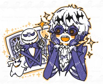 3boys black_crown crown diamond_hairband formal_clothes gloves jack_skellington jacket long_sleeves looking_at_viewer male_focus multiple_boys pinstripe_pattern pinstripe_suit round_eyewear shiduko short_hair skully_j._graves smile striped_clothes striped_jacket suit sunglasses the_nightmare_before_christmas twisted_wonderland white_hair zero_(nbc)