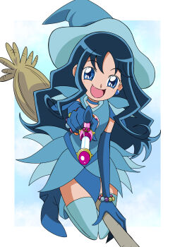 1girl :d absurdres bead_bracelet beads blue_background blue_boots blue_choker blue_dress blue_eyes blue_gloves blue_hair blue_hat blue_thighhighs boots border bracelet broom broom_riding choker color_connection commentary company_connection cosplay creator_connection dress earrings eighth_note elbow_gloves frilled_dress frilled_sleeves frills gloves hand_up hat heartcatch_precure! highres holding holding_wand index_finger_raised jewelry kurumi_erika legs_up long_hair looking_at_viewer magical_girl morishita_(moricuremori) musical_note ojamajo_doremi open_mouth outside_border peperuto_pollon pointing pointing_at_viewer pointy_boots precure senoo_aiko senoo_aiko_(cosplay) short_dress short_sleeves smile solo sphere_earrings thighhighs toei_company training_tap wand white_border witch witch_hat zettai_ryouiki