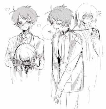 2boys akinashi_haru animal_collar blood blood_on_face cardigan collar collared_shirt commentary_request decapitation dress_shirt formal_clothes greyscale guro heart holding holding_leash jacket lapels leash leash_pull monochrome multiple_boys multiple_views necktie pants saihate_eki shirt short_hair smile suit suit_jacket tatsunami_shion xiaoquanjiuhe yandere