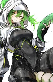 1girl absurdres arknights arknights:_endfield black_bodysuit bodysuit closed_mouth commentary covered_navel english_commentary fluorite_(arknights) green_eyes green_hair green_tail hair_through_hood highres hood hood_up hooded_shrug impossible_bodysuit impossible_clothes lizard_tail reptile_girl shigezie shrug_(clothing) simple_background smile snake_girl snake_tail solo tail wet white_background white_shrug