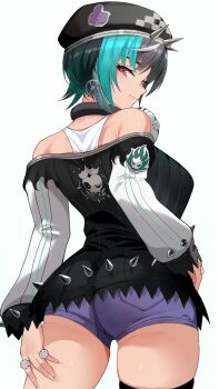 Rule 34 | 1girl, absurdres, aqua hair, ass, beret, black hair, black hat, black jacket, blue shorts, breasts, closed mouth, commentary request, cowboy shot, from behind, gradient hair, green hair, grey background, hat, highres, hololive, hololive dev is, jacket, jewelry, large breasts, long sleeves, looking back, multicolored hair, multiple rings, red eyes, rindo chihaya, ring, short hair, short shorts, shorts, simple background, smile, solo, spikes, streaked hair, thighs, tomo0843, virtual youtuber