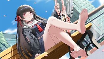1girl absurdres barefoot bench black_hair blush chisa_(wuthering_waves) crossed_legs feet highres lemon_kele long_hair looking_at_viewer parted_lips red_eyes sitting soles toes wuthering_waves