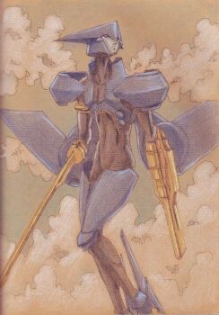 Rule 34 | 1boy, android, arm blade, arm cannon, armor, brigadoon, cloud, colored skin, grey skin, looking up, male focus, melan blue, merideth mulroney, red eyes, solo, standing, weapon