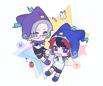 Rule 34 | ?, aged down, anger vein, aotsuki eito, black frost, black frost (cosplay), black shorts, black vest, blue hat, bright pupils, cherry tomato, chibi, chibi only, chinese commentary, commentary, commentary request, cosplay, covering own mouth, crossed arms, english commentary, frown, hat, highres, jack frost (megami tensei), jack frost (megami tensei) (cosplay), looking at another, looking at viewer, mixed-language commentary, purple hat, rabbit, shin megami tensei, shirt, shorts, spoken anger vein, spoken question mark, star (symbol), sumino takumi, sweater, the hundred line -last defense academy-, tomato, vest, white pupils, white shirt, white sweater, xuxigua1029