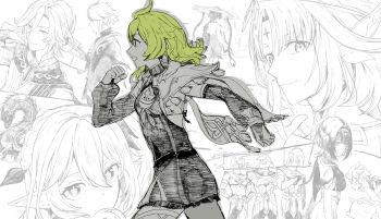 3boys 5girls @_@ ahoge alhaitham_(genshin_impact) apep_(genshin_impact) arm_at_side arms_at_sides beret blunt_ends book braid bridal_gauntlets capelet character_request circlet clenched_hand closed_mouth coat collei_(genshin_impact) commentary_request compression_shirt crop_top cross-shaped_pupils crossed_arms detached_sleeves dori_(genshin_impact) dress eyelashes forehead_cross fringe-trimmed_capelet furisode genshin_impact green_eyes green_hair greyscale hair_between_eyes hair_intakes hair_ornament half_crown_braid hand_on_own_chest hand_up hands_on_own_hips hat holding holding_book holding_suitcase index_finger_raised japanese_clothes jewelry jingasa kaveh_(genshin_impact) kimono leaf leaf_hair_ornament looking_at_viewer looking_to_the_side lying medium_dress mehrak_(genshin_impact) mid-stride monochrome multiple_boys multiple_girls muscular muscular_male nahida_(genshin_impact) neck_ring nefer_(genshin_impact) nicole_(genshin_impact) on_back open_book pointy_ears profile round_eyewear scaramouche_(genshin_impact) shirt short_hair shorts side_cape smile spot_color suitcase syatey symbol-shaped_pupils thighlet thoth_(genshin_impact) unconscious wanderer_(genshin_impact)