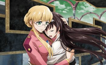 2girls artist_request black_hair blue_eyes bodysuit breasts clarice_garfield closed_eyes closed_mouth code_geass code_geass:_lost_stories crying game_cg glass highres jacket large_breasts long_hair maya_disel military_uniform multiple_girls non-web_source official_art open_mouth pink_shirt shirt sidelocks smile