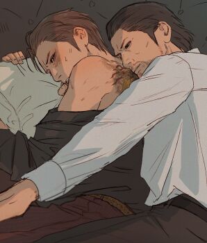 Rule 34 | 2boys, ahoge, beard, belt, blush, commentary request, dojima daigo, dress shirt, facial hair, formal clothes, hair slicked back, hand on another's cheek, hand on another's face, highres, kissing back, male focus, mine yoshitaka, multiple boys, necktie, no jacket, off-shoulder shirt, off shoulder, pants, pillow, pillow grab, ryuu ga gotoku (series), ryuu ga gotoku 3, shirt, smirk, spooning, striped clothes, striped pants, studded belt, sweat, tyag53, yaoi