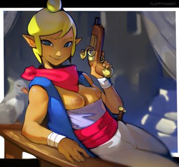 1girl bandana bandana_around_neck blonde_hair blue_eyes breasts dark-skinned_female dark_skin fluffydango gun handgun highres holding holding_gun holding_weapon nintendo nipples pants pirate pointy_ears red_bandana sleeveless small_breasts smile tetra the_legend_of_zelda the_legend_of_zelda:_the_wind_waker vest weapon white_pants