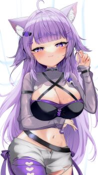1girl absurdres ahoge animal_ear_fluff animal_ears black_jacket breasts cat_ears cat_girl cleavage commentary_request crop_top hair_ornament highres hololive jacket large_breasts long_hair long_sleeves looking_at_viewer maruni_manieru navel nekomata_okayu nekomata_okayu_(personya_respect) official_alternate_costume official_alternate_hair_length official_alternate_hairstyle pantyhose purple_eyes purple_hair purple_jacket purple_pantyhose short_shorts shorts simple_background single_thighhigh solo stomach thighhighs torn_clothes torn_shorts two-sided_fabric two-sided_jacket upper_body very_long_hair virtual_youtuber white_shorts