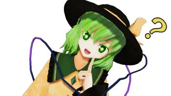Rule 34 | 1girl, :d, ?, bow, buttons, collared shirt, commentary, diamond button, finger to face, floral print, frilled shirt collar, frilled sleeves, frills, furui, glowing, glowing eyes, green eyes, green hair, hair between eyes, hat, hat bow, hat ribbon, head tilt, heart, heart of string, komeiji koishi, long sleeves, looking at viewer, mikumikudance (medium), open mouth, ribbon, rose print, shirt, simple background, smile, solo, third eye, touhou, upper body, white background, wide sleeves, yellow ribbon, yellow shirt