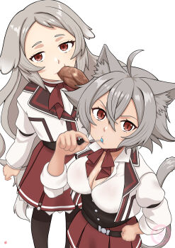 Rule 34 | 2girls, absurdres, animal ears, belt, black vest, breasts, cat ears, cat girl, cat tail, chicken (food), cleavage, commentary request, dog ears, dog girl, dog tail, eating, food, fried chicken, grey hair, hair between eyes, highres, holding, holding food, jacket, large breasts, lollipop in mouth, long hair, looking at viewer, looking up, multiple girls, mushoku tensei, nao suke, partially unbuttoned, pursena adoldia, ranoa magic academy school uniform, red eyes, red skirt, rinia dedoldia, school uniform, shirt, short hair, simple background, skirt, tail, vest, white background, white jacket, white shirt