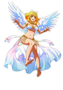 Rule 34 | 1girl, animal ears, anklet, armlet, barefoot, blonde hair, blush, bracelet, breasts, cat ears, character request, earrings, feathered wings, floating hair, full body, gingira paradise, gold anklet, gold armlet, gold bracelet, hair intakes, highres, jewelry, large breasts, long hair, navel, non-web source, official art, open mouth, photoshop (medium), soles, solo, w arms, white wings, wings