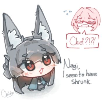 2girls animal_ear_fluff animal_ears black_hair blunt_bangs blush chibi chiiloby commentary english_commentary english_text fox_ears fox_girl glasses hair_between_eyes highres hoshimi_miyabi long_hair multiple_girls open_mouth pink_hair red_eyes sidelocks simple_background tsukishiro_yanagi white_background zenless_zone_zero