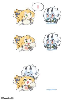 2girls animal_ear_fluff animal_ears black_horns blonde_hair blue_skin colored_skin food green_eyes highres horns jacket ju_fufu licking_another's_hair long_hair multicolored_hair multiple_girls oni open_mouth pointy_ears red_eyes sharing shirt short_hair sidelocks sima_(startwitch) simple_background skin-covered_horns soukaku_(zenless_zone_zero) sparkling_eyes steamed_bun symbol-shaped_pupils tail tiger_ears tiger_girl white_background white_hair white_shirt zenless_zone_zero