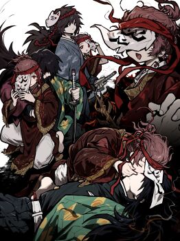 2boys absurdres alternate_costume black_hair black_jacket black_pants blue_kimono brown_hair demon_slayer_uniform fox_mask gold_buttons haori high_collar highres jacket japanese_clothes jihecchi kamado_tanjirou kikkoumon kimetsu_no_yaiba kimono kiss long_hair low_ponytail male_focus mask multiple_boys multiple_views pants ponytail print_haori red_eyes red_kimono spiked_hair tomioka_giyuu yaoi