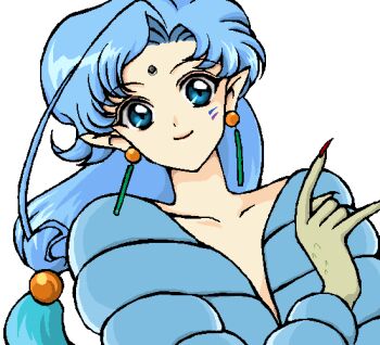 Rule 34 | 1boy, bishoujo senshi sailor moon, blue eyes, blue hair, blue jacket, closed mouth, collarbone, commentary request, curtained hair, earrings, facial mark, fingernails, fish eye (sailor moon), forehead mark, green scales, hair ornament, hamutarou, jacket, jaggy lines, jewelry, leaning to the side, long fingernails, long hair, looking at viewer, low-tied long hair, male focus, plunging neckline, pointy ears, red nails, simple background, smile, solo, sphere earrings, sphere hair ornament, trap, upper body, white background