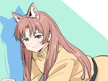 1girl animal_ears aqua_background belt blue_eyes blush brown_hair cat_ears closed_mouth dress hair_down kamiina_botan_yoeru_sugata_wa_yuri_no_hana kemonomimi_mode long_hair nazo_no_anime-dan shadow solo yellow_dress yusa_akane
