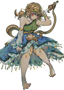 1girl :3 animal animal_on_lap armlet bare_shoulders barefoot blue_skirt breasts brown_hair closed_eyes collarbone commentary_request detached_sleeves dress frilled_skirt frills gold_armlet gold_headband green_dress highres holding holding_test_tube holding_with_tail knee_blush knees medium_breasts monkey monkey_girl monkey_tail on_lap prehensile_tail red_eyes skirt solo son_biten tail test_tube touhou twintails white_sleeves yamazaki_tsukune