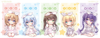 6+girls :d :o amedamacon aran_sweater artist_name barefoot blonde_hair blue_eyes blue_hair blush breasts brown_hair cable_knit character_name chibi cleavage closed_mouth commentary_request gochuumon_wa_usagi_desu_ka? green_eyes hair_ornament hair_ribbon hoto_cocoa kafuu_chino kirima_syaro long_hair long_sleeves low_twintails medium_breasts multiple_girls off-shoulder_sweater off_shoulder open_mouth parted_lips puffy_long_sleeves puffy_sleeves purple_eyes purple_hair ribbon sitting sleeves_past_wrists small_breasts smile sweater tedeza_rize twintails ujimatsu_chiya very_long_hair wariza white_ribbon white_sweater x_hair_ornament
