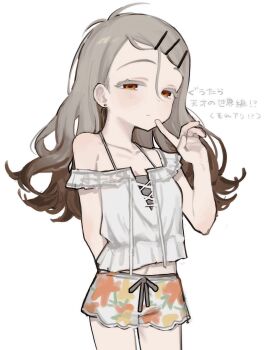 1girl arm_behind_back blush breasts brown_hair camisole closed_mouth collarbone colored_eyelashes commentary_request cowboy_shot earrings finger_to_mouth floral_print gakuen_idolmaster gradient_hair grey_hair hair_ornament hairclip half-closed_eyes hand_up highres idolmaster index_finger_raised jewelry kakuzatou_(sugar_xouox) looking_at_viewer messy_hair midriff multicolored_hair orange_eyes parallel_hairclips parted_bangs print_shorts prototype_design shinosawa_hiro short_shorts shorts simple_background single_off_shoulder small_breasts solo standing stud_earrings translation_request wavy_hair white_background white_camisole