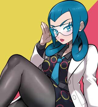 1girl absurdres adjusting_eyewear bags_under_eyes black_dress blue_eyes blue_hair border breasts coat commentary crossed_legs dress english_commentary glasses hair_rings highres lab_coat large_breasts long_hair long_sleeves looking_at_viewer mable_(pokemon) muis0802 necktie nintendo open_clothes open_coat pantyhose pokemon pokemon_legends:_z-a revision safety_glasses solo two-tone_background white_border white_coat