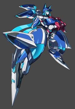 1girl absurdres animal_ears blue_eyes blue_hat cat_ears commission crossed_arms dynamic_pose grey_background hat highres humanoid_robot jet_(jetngs) long_hair mechanical_legs mechanical_wings no_mouth original phantasy_star phantasy_star_online_2 pillar_buster robot robot_girl second-party_source skeb_commission solo wings