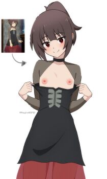 1girl absurdres anime_screenshot_inset arrow_(symbol) black_dress brown_hair closed_eyes dress flat_chest highres kagironsfw kono_subarashii_sekai_ni_shukufuku_wo! loli looking_at_viewer megumin nipples ponytail red_eyes simple_background smile solo twitter_username white_background