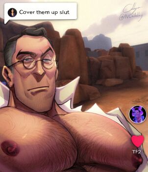 administrator_(tf2) animal_ears bara bare_pectorals black_hair blue_eyes cabbage_(ncalabby) canyon cheekbones chest_hair cover_them_up_slut_(meme) cowlick dialogue_box facial_hair fake_animal_ears game_screenshot_inset glasses grey_hair highres huge_pectorals lab_coat large_pectorals mature_male medic_(tf2) meme muscular muscular_male nipples parody pectoral_focus pectorals puffy_male_chest rabbit_ears round_eyewear screenshot_background signature stubble team_fortress_2 torn_clothes torn_coat user_interface