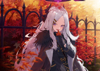 1girl absurdres ahoge armband black_coat black_gloves black_halo blue_archive coat coat_on_shoulders demon_girl demon_horns gloves halo highres hina_(blue_archive) horns long_hair looking_at_viewer open_mouth outdoors purple_eyes red_armband solo upper_body very_long_hair white_hair zhihuigugudegezi