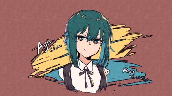 1girl absurdres aqua_hair ayn_(rnna) black_ribbon brown_background character_name check_clothing clothing_request collared_shirt colored_inner_hair commentary dated english_commentary green_eyes green_hair highres long_sidelocks multicolored_hair original ribbon rnna shirt short_hair sidelocks signature smile solo upper_body white_shirt