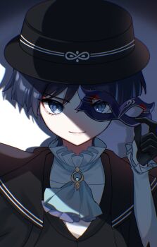 1boy aqua_ascot aqua_collar aqua_gemstone aqua_shirt ascot black_cloak black_gloves black_hair black_hat black_vest blunt_ends boater_hat cloak closed_mouth collar domino_mask dress_shirt eye_mask eyelashes eyeliner eyeshadow formal_clothes frilled_ascot frilled_shirt_collar frilled_sleeves frills gem genshin_impact gloves gold_trim grey_eyes hat highres holding holding_mask layered_ascot long_sleeves looking_at_viewer makeup male_focus mask official_alternate_costume portrait purple_ascot purple_mask red_eyeliner red_eyeshadow scaramouche_(genshin_impact) shirt smile solo straight-on takura_0103 undershirt vest wanderer_(genshin_fes_2026)_(genshin_impact) wanderer_(genshin_impact) white_sleeves white_trim wispy_bangs