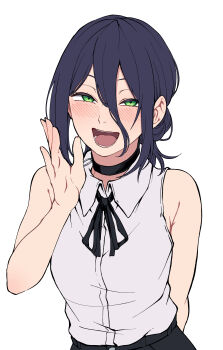 1girl :d absurdres black_choker black_ribbon chainsaw_man choker collared_shirt green_eyes grenade_pin hair_between_eyes hair_bun hand_up highres kobaji looking_at_viewer neck_ribbon open_mouth reze_(chainsaw_man) ribbon shirt shirt_tucked_in simple_background sleeveless sleeveless_shirt smile solo white_background white_shirt