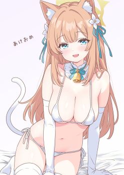 Rule 34 | 1girl, :d, absurdres, alternate breast size (larger), alternate costume, alternate hairstyle, animal ear fluff, animal ears, aqua bow, aqua bowtie, aqua ribbon, arm support, bare shoulders, bed sheet, bell, bikini, blue archive, blue eyes, blunt bangs, blush, bow, bowtie, breasts, cat ears, cat girl, cat tail, cleavage, collarbone, commentary, cowboy shot, detached collar, eyelashes, fake tail, flower, hair between eyes, hair down, hair flower, hair ornament, hair ribbon, halo, highres, kneeling, large breasts, leaning forward, looking at viewer, mari (blue archive), micro bikini, mo mo mo79, navel, neck bell, open mouth, orange hair, ribbon, side-tie bikini bottom, sidelocks, simple background, smile, solo, stomach, swimsuit, tail, thighhighs, thighs, translated, underboob, white background, white bikini, white flower, white thighhighs, yellow halo