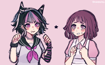 2girls alternate_hair_length alternate_hairstyle apron artist_name bayabasss black_hair black_sailor_collar blue_hair blue_streaks blush blush_stickers collared_shirt commentary crying crying_with_eyes_open danganronpa_(series) danganronpa_2:_goodbye_despair ear_piercing elbow_gloves english_commentary eyelashes face_piercing fingerless_gloves gloves hair_horns jewelry mioda_ibuki mouth_piercing multicolored_hair multiple_girls neckerchief necklace piercing pink_background pink_eyes pink_hair pink_neckerchief pink_shirt pink_streaks purple_eyes purple_hair sailor_collar scrunchie shirt short_hair short_sleeves simple_background single_elbow_glove single_fingerless_glove smile star_(symbol) streaked_hair striped_clothes striped_gloves tears tsumiki_mikan upper_body white_apron white_hair white_shirt wrist_scrunchie