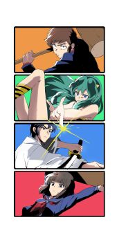 2boys 2girls animal_print bare_arms bare_shoulders bikini blue_eyes blue_gakuran blue_hair blue_jacket blue_sailor_collar blue_serafuku blue_shirt blunt_bangs border breasts brown_hair fighting_stance furry gakuran green_hair hair_between_eyes highres holding holding_mallet horns jacket japanese_clothes long_hair lum mallet medium_breasts medium_hair mendou_shuutarou miyake_shinobu moroboshi_ataru multiple_boys multiple_girls necktie pointy_ears print_bikini print_boots qrhara555 red_necktie red_shirt robe sailor_collar school_uniform serafuku shirt short_hair sidelocks swept_bangs swimsuit tiger_print upper_body urusei_yatsura white_border white_robe