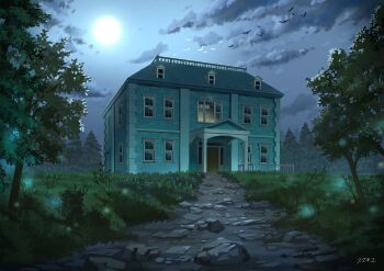 absurdres artist_name balcony bat_(animal) building bush entrance fence highres house mansion moonlight night no_humans ohagi082014 original path pine_tree plant road scenery shadow signature sky tree wall weeds window