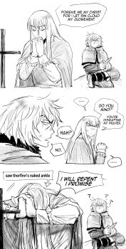 ... 2boys ? absurdres boots canute cleaning cleaning_rag closed_eyes covered_mouth cross dagger english_text eyebrows_hidden_by_hair eyelashes flrrrrr222222 frilled_sleeves frills highres holding holding_dagger holding_knife holding_weapon knife long_hair looking_at_another male_focus messy_hair monochrome multiple_boys no_mouth panels praying simple_background sitting speech_bubble talking thorfinn vinland_saga weapon white_background yaoi