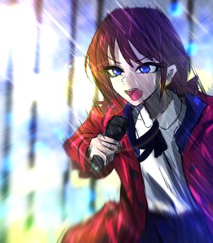 1girl blue_eyes brown_hair commentary girls_band_cry highres holding holding_microphone iseri_nina jacket jo8blhrvkta6duw low_twintails microphone open_clothes open_jacket open_mouth rain red_jacket shirt short_hair short_twintails solo teeth twintails upper_teeth_only white_shirt