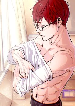 1boy abs black-framed_eyewear closed_eyes closed_mouth glasses highres hogerarara light_rays male_focus mizunoe_ume red_hair seitokai_ni_mo_ana_wa_aru! semi-rimless_eyewear shirt short_hair solo toned toned_male topless_male under-rim_eyewear undressing upper_body white_shirt window