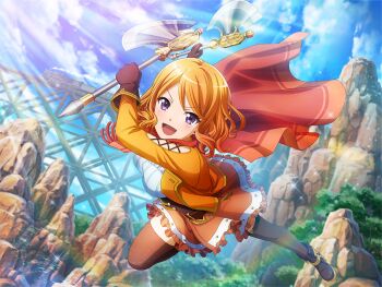 1girl axe battle_axe black_boots boots boulder brown_gloves brown_thighhighs cape day dual_wielding ebisu_tsukasa game_cg gloves holding holding_axe jacket long_sleeves looking_at_viewer midair official_art open_mouth orange_hair orange_jacket orange_skirt purple_eyes red_cape short_hair shoujo_kageki_revue_starlight shoujo_kageki_revue_starlight_-re_live- skirt solo thighhighs train v-shaped_eyebrows weapon
